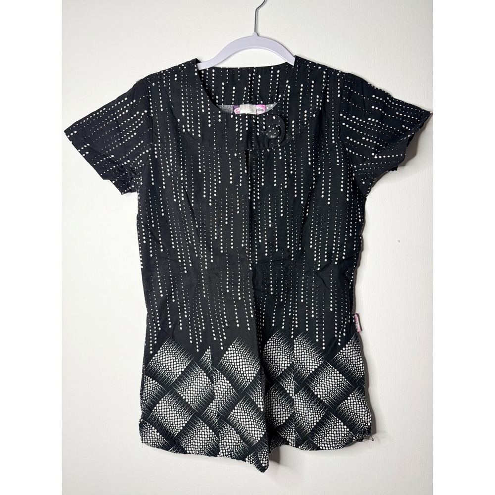 Scrub Works Womens XS Black White Geometric Dot Print V-Neck Scrub Top